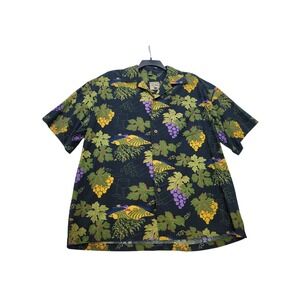 David Smith Mens XXL Vineyard Grape Wine Print Cotton Rayon Camp Shirt Navy